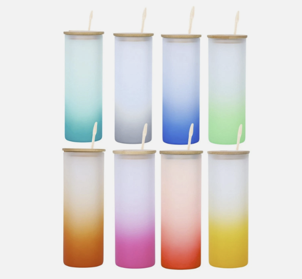 16oz slender glass ombre jars in multiple gradient colours with bamboo lids and straws