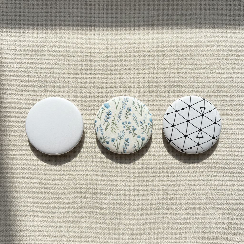 Multiple 32mm customisable button badges on beige background