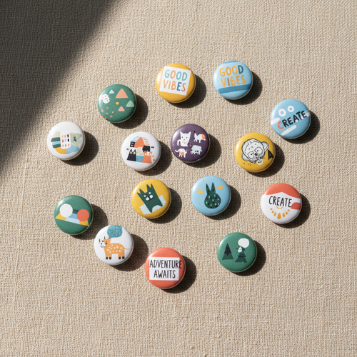 Collection of 25mm customisable button badges on beige background