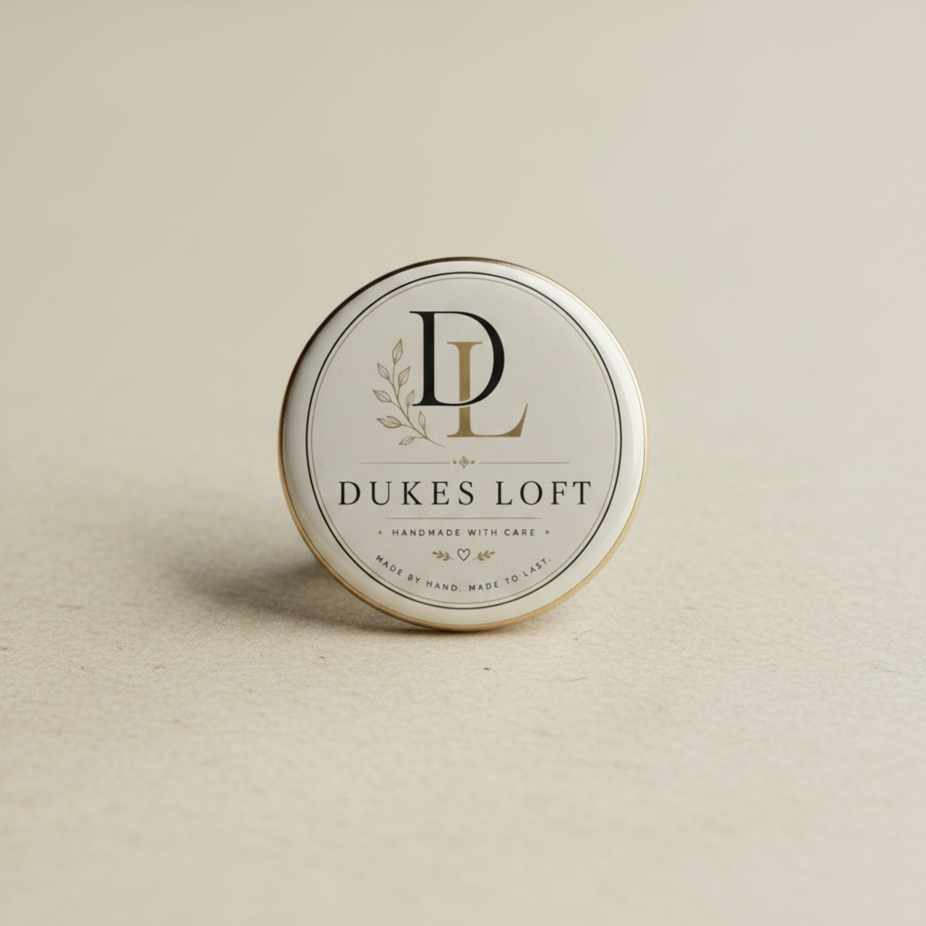 32mm button badge with Dukes Loft logo