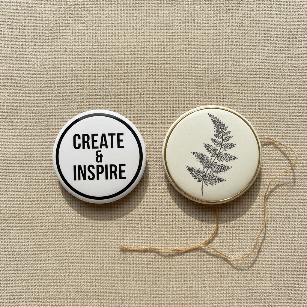 Two large 52mm customisable button badges on beige background